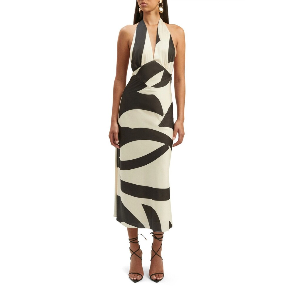 Bardot Dress Womens 4 White Black Satin Halter Maxi Backless Evening Gown